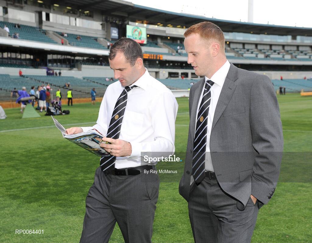 24 October 2008; Steven McDonnel, Armagh, and Benny Coulter, Down, read the match programme ahead of the game. 2008 Toyota International Rules Series, Australia v Ireland, Subiaco Oval, Perth, Western Australia. Picture credit: Ray McManus / SPORTSFILE