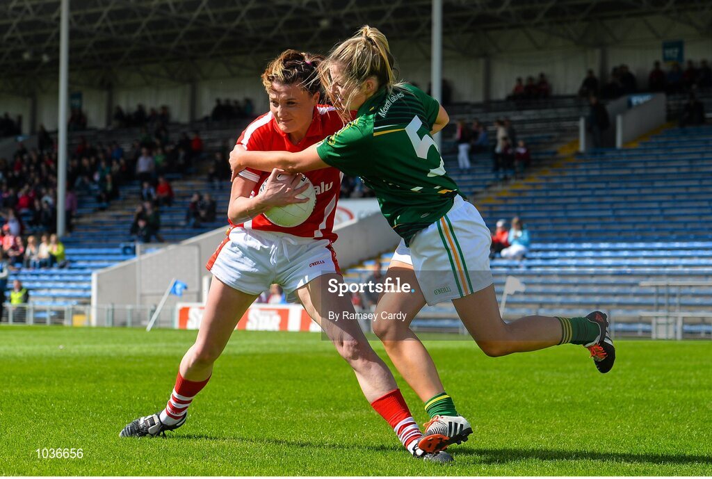 3 August 2015; Annie Walsh, Cork, in action against Aideen Guy, Meath. TG4 Ladies Football All-Ireland Senior Championship, Qualifier Round 2, Cork v Meath. Semple Stadium, Thurles, Co. Tipperary. Picture credit: Ramsey Cardy / SPORTSFILE