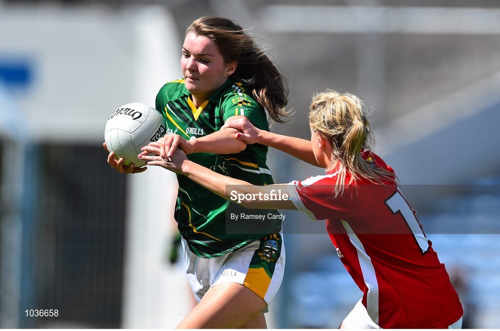 3 August 2015; Kate Byrne, Meath, in action against Orla Finn, Cork. TG4 Ladies Football All-Ireland Senior Championship, Qualifier Round 2, Cork v Meath. Semple Stadium, Thurles, Co. Tipperary. Picture credit: Ramsey Cardy / SPORTSFILE