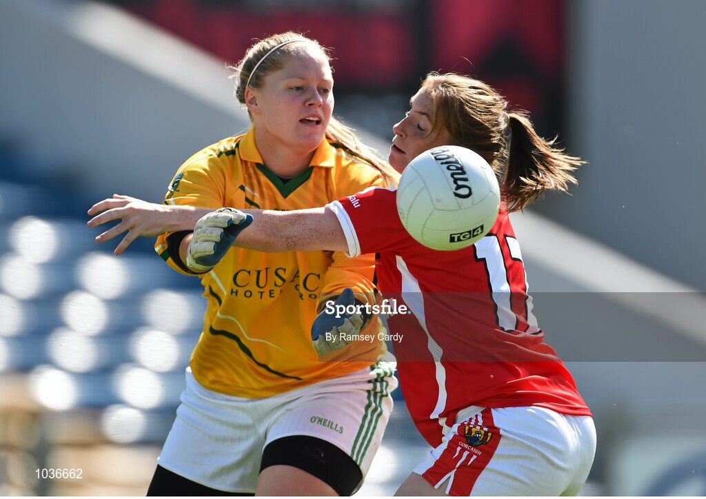 3 August 2015; Aine Bennett, Meath, in action against Rhona Ni Bhuachalla, Cork. TG4 Ladies Football All-Ireland Senior Championship, Qualifier Round 2, Cork v Meath. Semple Stadium, Thurles, Co. Tipperary. Picture credit: Ramsey Cardy / SPORTSFILE