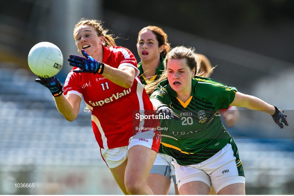 3 August 2015; Aisling Hutchings, Cork, in action against Hannah Heskin, Meath. TG4 Ladies Football All-Ireland Senior Championship, Qualifier Round 2, Cork v Meath. Semple Stadium, Thurles, Co. Tipperary. Picture credit: Ramsey Cardy / SPORTSFILE