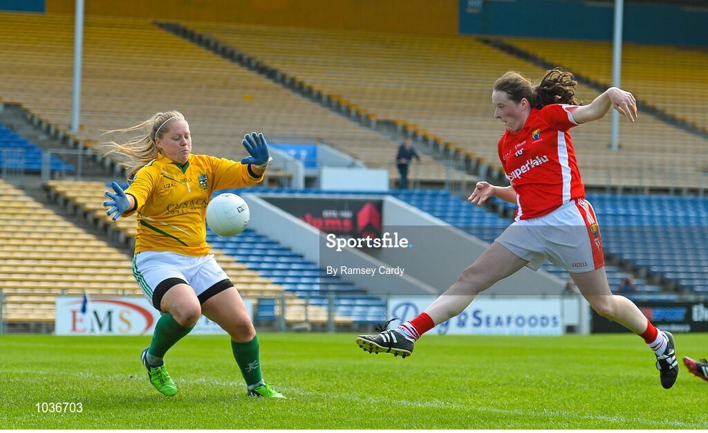 3 August 2015; Aine O'Sullivan, Cork, scores a goal past Aine Bennett, Meath. TG4 Ladies Football All-Ireland Senior Championship, Qualifier Round 2, Cork v Meath. Semple Stadium, Thurles, Co. Tipperary. Picture credit: Ramsey Cardy / SPORTSFILE