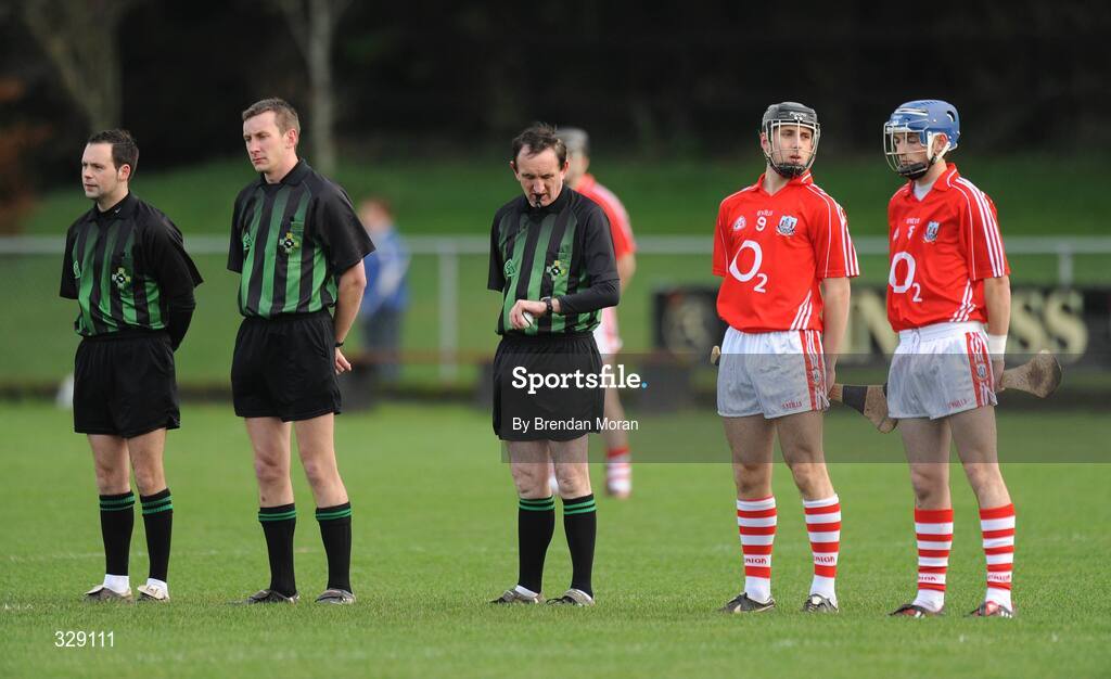 23 November 2008; Referee Willie Barrett, centre, looks at his watch as Cork players Barry Johnson and Glen O'Connor stand for the National Anthem before the game. Match to celebrate 150th Anniversary of St Colman's College, St Colman's XV v Cork Selection XV, Fitzgerald Park, Fermoy, Co. Cork. Picture credit: Brendan Moran / SPORTSFILE
