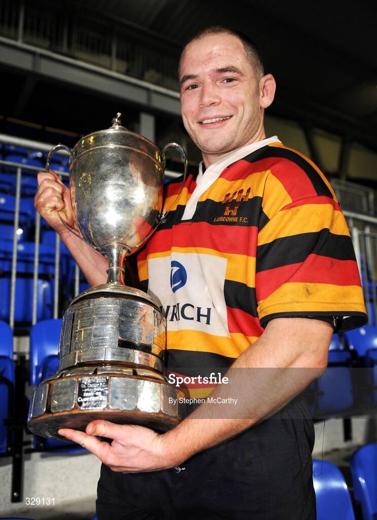 21 November 2008; Karl Cleere, Lansdowne, with the cup after victory over Clontarf. Leinster Senior League Cup Final, Clontarf v Lansdowne, Donnybrook Stadium, Dublin. Picture credit: Stephen McCarthy / SPORTSFILE