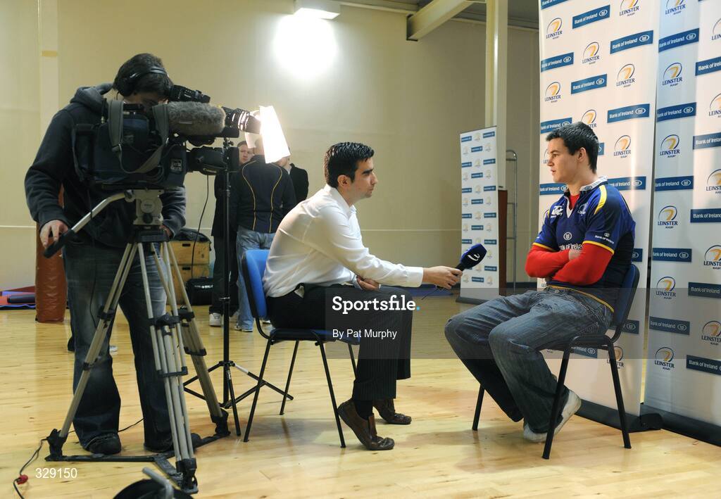 26 November 2008; Leinster's Jonathan Sexton is interviewed after a press conference ahead of their Magners League fixture against Newport Gwent Dragons. David Lloyd Riverview, Clonskeagh, Dublin. Picture credit: Pat Murphy / SPORTSFILE