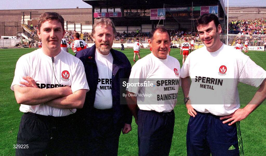 7 May 2000 ; Derry Management team, from left, Damien Cassidy, Brendan McCrory, Eamonn Coleman and Martin McElkennon before the match. Derry v Meath, National Football League Final, Croke Park, Dublin. Picture credit: Oliver McVeigh / SPORTSFILE