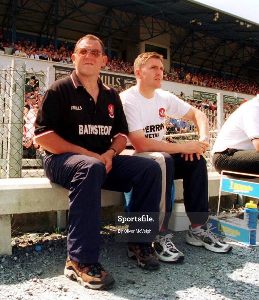 18 June 2000: Derry manager Eamonn Coleman, left, along with assistant manager Damien Cassidy on the sideline during the game. Derry v Antrim, Ulster Football Championship, Casement Park, Belfast. Picture credit: Oliver McVeigh / SPORTSFILE