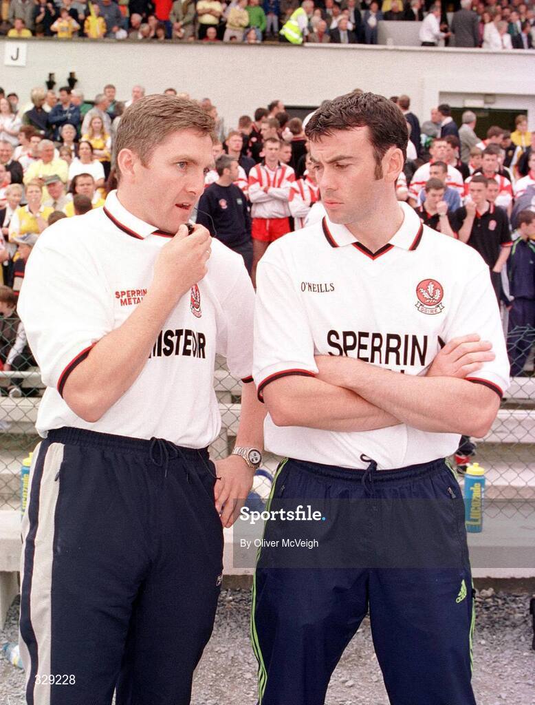 18 June 2000: Derry assistant manager Damien Cassidy, left, and Martin McElkennon, part of the Derry management team, in communication with manager Eamonn Coleman during the game. Derry v Antrim, Ulster Football Championship, Casement Park, Belfast. Picture credit: Oliver McVeigh / SPORTSFILE