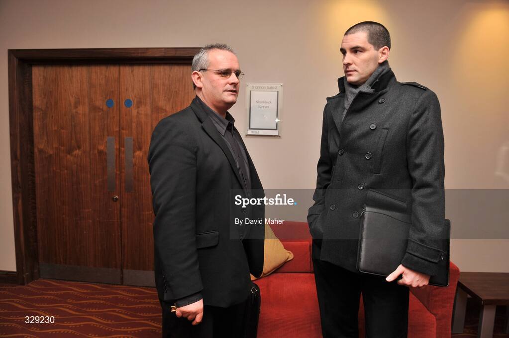 28 November 2008; St.Patrick's Athletic Chief Executive Officer Richard Sadlier, right, with Jack O'Neill, Secretary of Bray Wanderers, after a meeting of League of Ireland representatives. League of Ireland Club Representatives Meeting. Maldron Hotel, Tallaght, Dublin. Picture credit: David Maher / SPORTSFILE