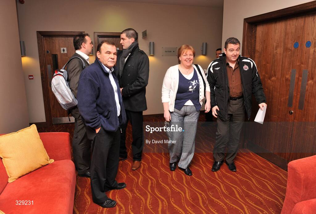 28 November 2008; League of Ireland representatives, left to right, Jonathan Roche, Chairman of Shamrock Rovers, Noel Byrne, Secretary of Shamrock Rovers, Richard Sadlier, St.Patrick's Athletic's Chief Executive Officer, Mary McGowan, Secretary of Sligo Rovers and Gerry Conway, Secretary of Bohemians, after a meeting of League of Ireland representatives. League of Ireland Club Representatives Meeting. Maldron Hotel, Tallaght, Dublin. Picture credit: David Maher / SPORTSFILE