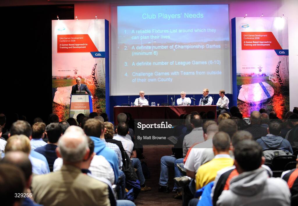 28 November 2008; Paudie Butler, left, National Hurling Development Coordinator, speaks during the conference while, at the top table, from left, Paul O'Kelly, former Offaly coach, Liam Og Gormley, Games Development Administrator, Richard Shuttleworth, Australian Institute of Sport, Eugene Young, Director of Coaching in Ulster. GAA Games Development Conference 2008, Croke Park, Dublin. Picture credit: Matt Browne / SPORTSFILE
