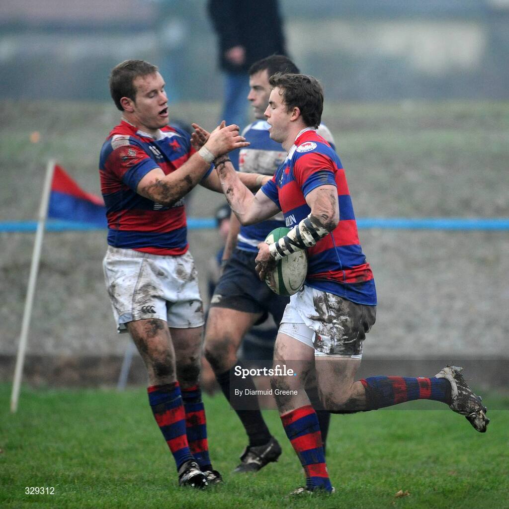29 November 2008; Michael Keating, right, is congratulated by Clontarf team-mate Niall Carson, after scoring his side's second try. AIB League Division 1, Clontarf v Blackrock College, Castle Avenue, Clontarf, Dublin. Picture credit: Diarmuid Greene / SPORTSFILE