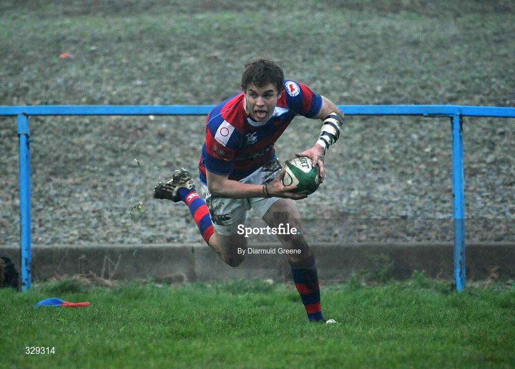 29 November 2008; Michael Keating, Clontarf, crosses the line to score his side's third try. AIB League Division 1, Clontarf v Blackrock College, Castle Avenue, Clontarf, Dublin. Picture credit: Diarmuid Greene / SPORTSFILE