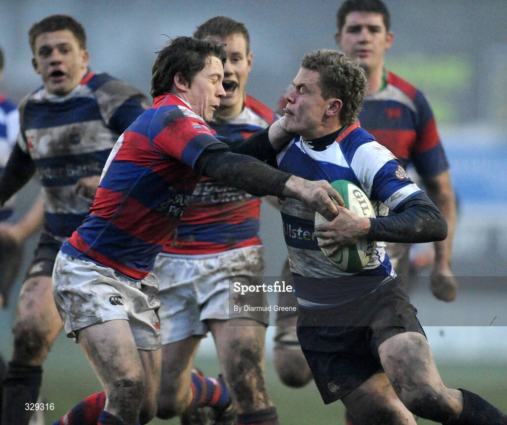 29 November 2008; David Moore, Blackrock College, is tackled by Martin Dufficy, Clontarf. AIB League Division 1, Clontarf v Blackrock College, Castle Avenue, Clontarf, Dublin. Picture credit: Diarmuid Greene / SPORTSFILE