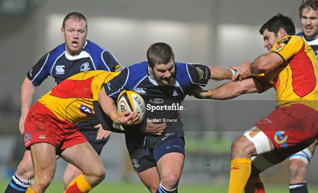 29 November 2008; Sean O'Brien, Leinster, is tackled by Marc Stcherbina, left, and Grant Webb, Newport Gwent Dragons. Magners League, Leinster v Newport Gwent Dragons, RDS, Dublin. Picture credit: Matt Browne / SPORTSFILE