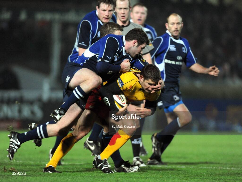 29 November 2008; Marc Stcherbina, Newport Gwent Dragons, is tackled by Fergus McFadden, Leinster. Magners League, Leinster v Newport Gwent Dragons, RDS, Dublin. Picture credit: Matt Browne / SPORTSFILE