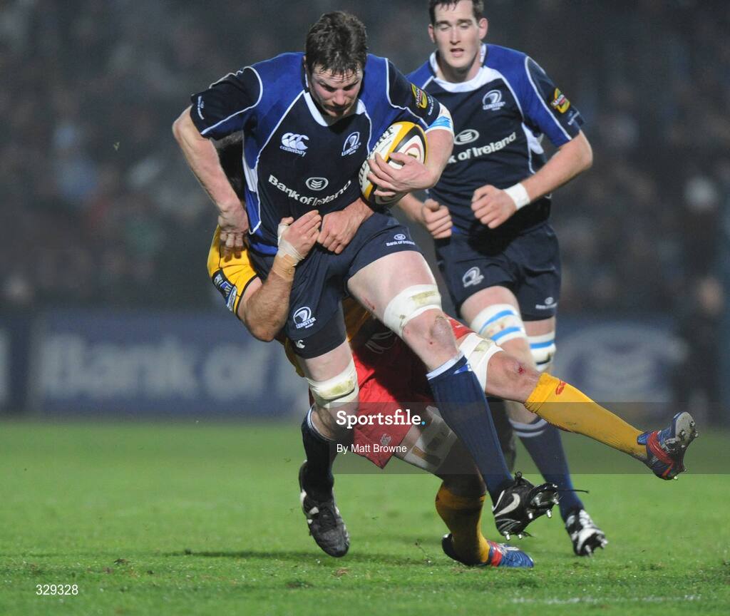 29 November 2008; Malcolm O'Kelly, Leinster, is tackled by Grant Webb, Newport Gwent Dragons. Magners League, Leinster v Newport Gwent Dragons, RDS, Dublin. Picture credit: Matt Browne / SPORTSFILE