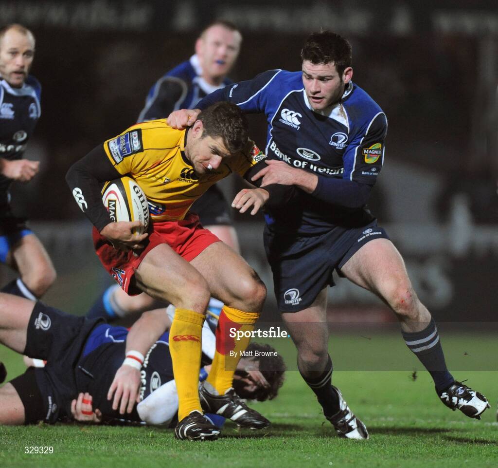 29 November 2008; Marc Stcherbina, Newport Gwent Dragons, is tackled by Fergus McFadden, Leinster. Magners League, Leinster v Newport Gwent Dragons, RDS, Dublin. Picture credit: Matt Browne / SPORTSFILE
