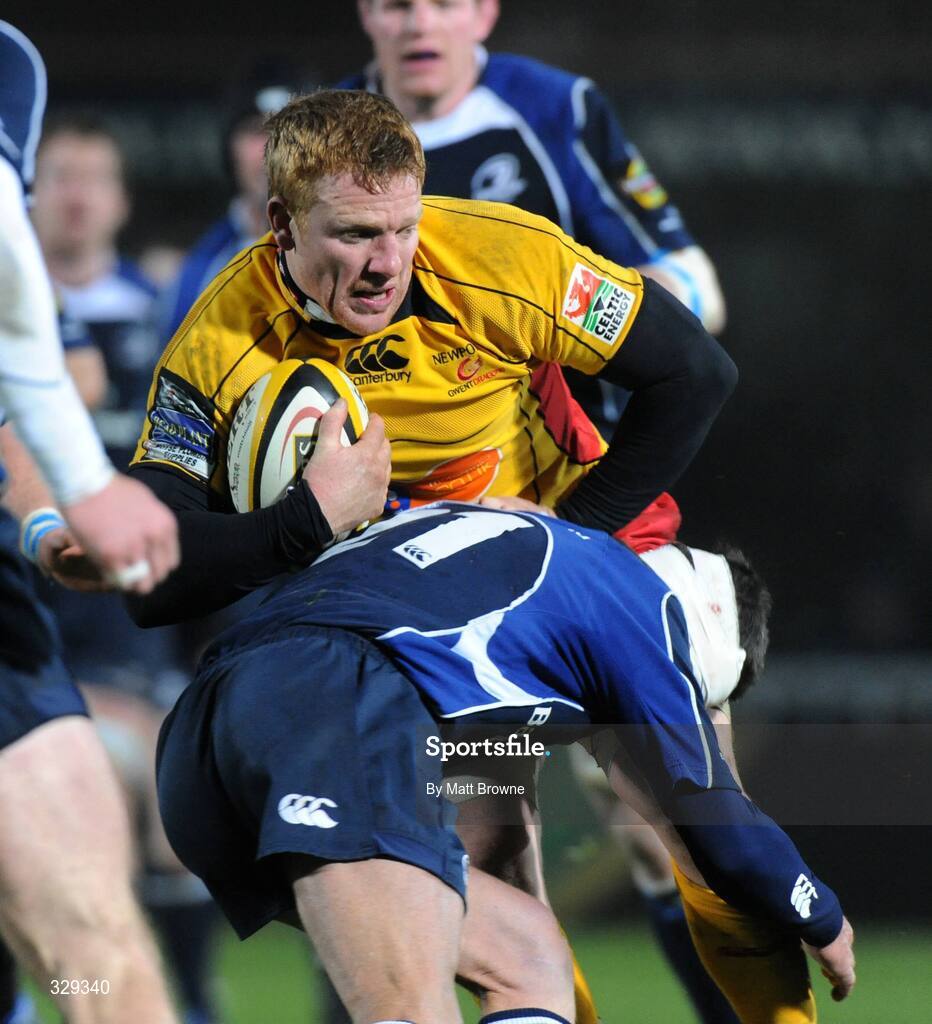 29 November 2008; Jamie Ringer, Newport Gwent Dragons, is tackled by David Holwell, Leinster. Magners League, Leinster v Newport Gwent Dragons, RDS, Dublin. Picture credit: Matt Browne / SPORTSFILE