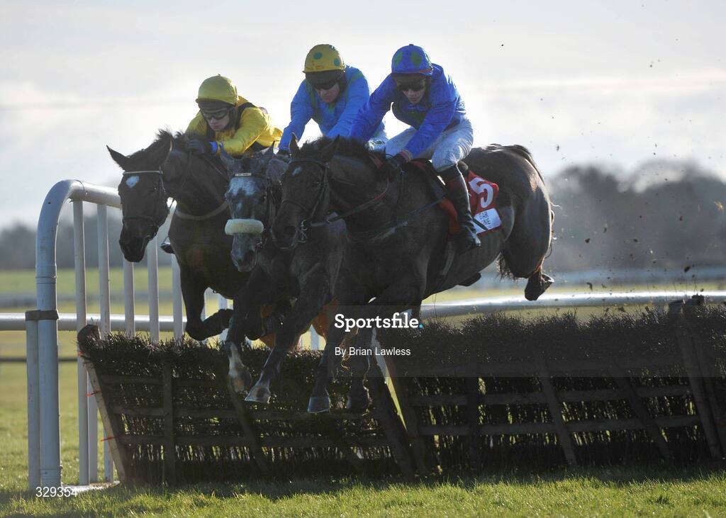 30 November 2008; Hurricane Fly, with Paul Townend up, right, clears the last ahead of second Donnas Palm, Barry Geraghty up, centre, and third Cousin Vinny, Pat Mullins up, during the Bar One Racing Royal Bond Novice Hurdle of €90,000. Fairyhouse Winter Festival 2008, Fairyhouse Racecourse, Co. Meath. Picture credit: Brian Lawless / SPORTSFILE