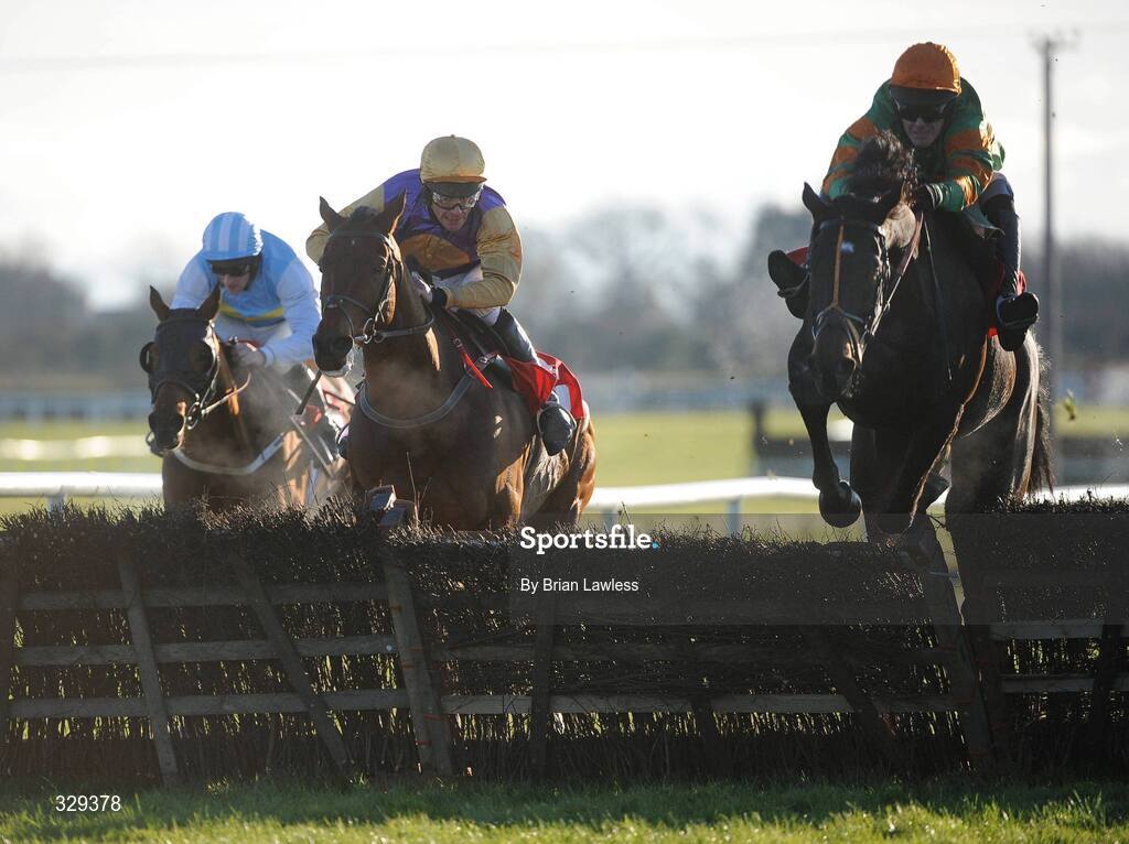 30 November 2008; Catch Me, with Andrew McNamara up, right, clears the last ahead of second Brave Inca, with Davy Russell up, centre, and Hardy Eustace, with Paddy Flood up, on the way to winning the Bar One Racing Hatton's Grace Hurdle. Fairyhouse Winter Festival 2008, Fairyhouse Racecourse, Co. Meath. Picture credit: Brian Lawless / SPORTSFILE