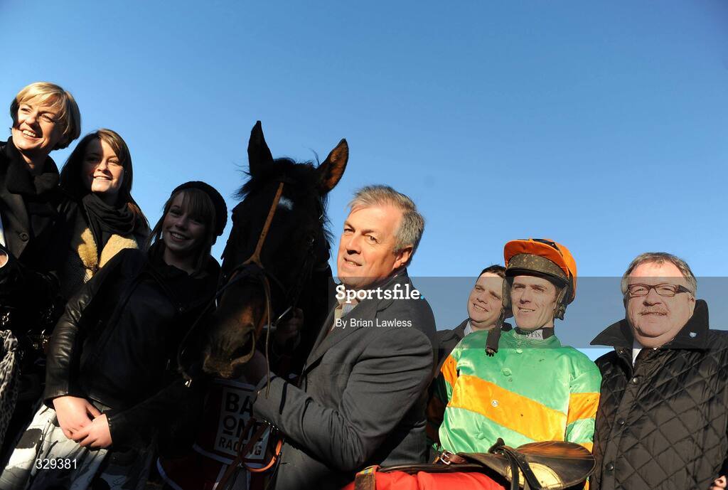 30 November 2008; Owner James O'Shea, centre, and jockey Andrew McNamara with the winning connections after winning the Bar One Racing Hatton's Grace Hurdle of €90,000 on Catch Me. Fairyhouse Winter Festival 2008, Fairyhouse Racecourse, Co. Meath. Picture credit: Brian Lawless / SPORTSFILE