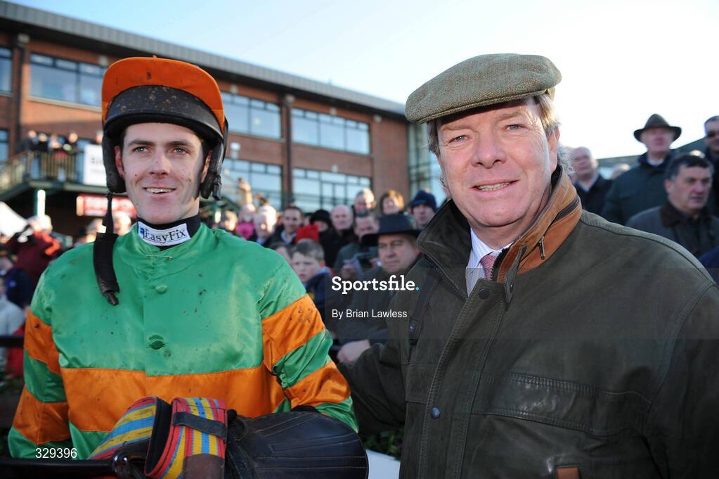 30 November 2008; Jockey Andrew McNamara with trainer Edward O'Grady after winning the Bar One Racing Hatton's Grace Hurdle on Catch Me. Fairyhouse Winter Festival 2008, Fairyhouse Racecourse, Co. Meath. Picture credit: Brian Lawless / SPORTSFILE