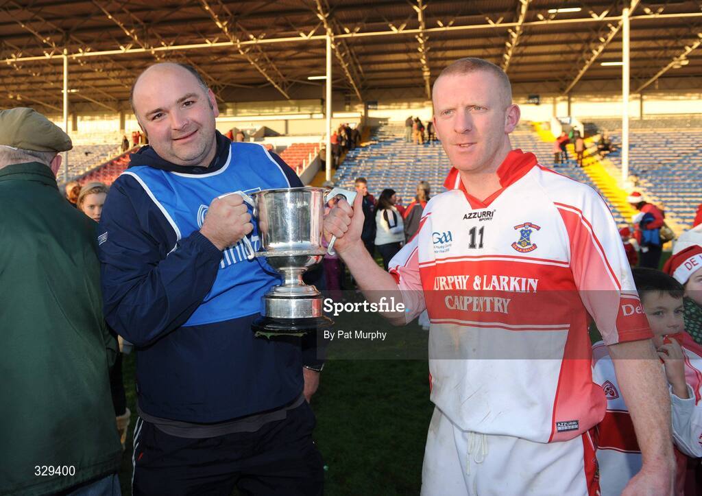 30 November 2008; De La Salle manager Owen Dunphy and John Mullane hold the cup. AIB Munster Senior Club Hurling Championship Final, Adare v De La Salle, Semple Stadium, Thurles. Picture credit: Pat Murphy / SPORTSFILE