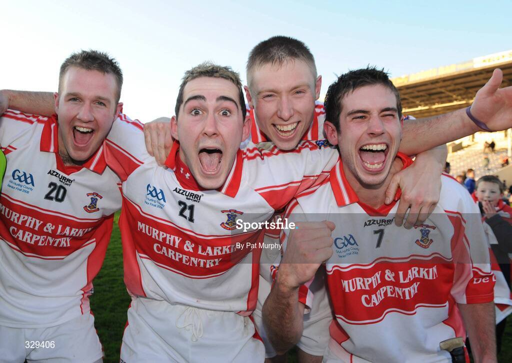 30 November 2008; De La Salle players from left, Thomas Kearney, Stephen Daniels, Paidi Nevin and David Greene celebrate after the game. AIB Munster Senior Club Hurling Championship Final, Adare v De La Salle, Semple Stadium, Thurles. Picture credit: Pat Murphy / SPORTSFILE