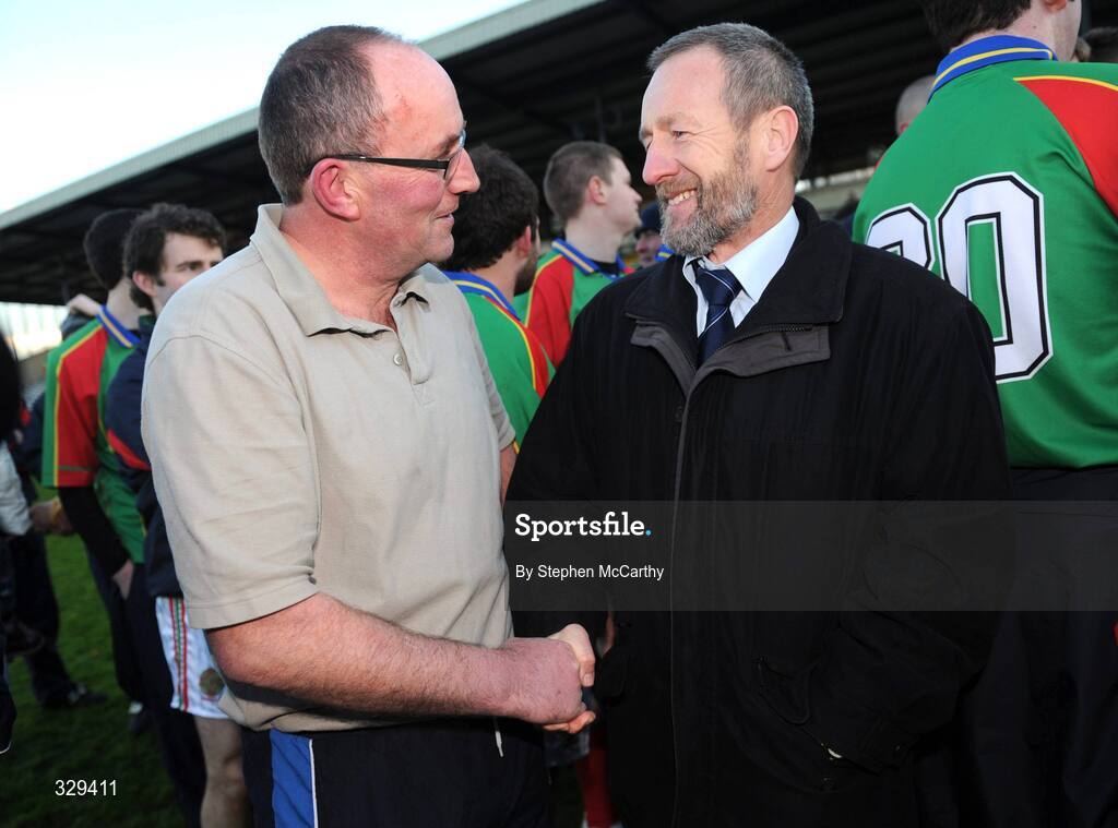 30 November 2008; Mid Kerry manager James Sheehan is congratulated by former GAA President Sean Kelly after the game. Kerry Senior Football Championship Final Replay, Kerins O'Rahilly's v Mid Kerry, Fitzgerald Stadium, Killarney, Co. Kerry. Picture credit: Stephen McCarthy / SPORTSFILE