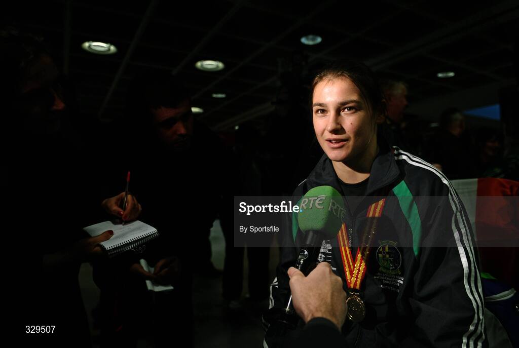 1 December 2008; Ireland's Katie Taylor, who won a gold medal in the 60kg category at the AIBA Women's World Championships in China, speaking to the media at the homecoming in Dublin Airport. Photo by Sportsfile