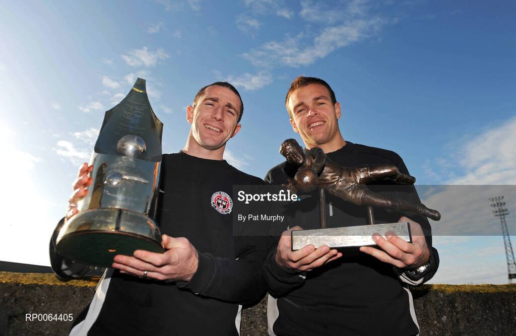 25 November 2008; Bohemians' Owen Heary and goalkeeper Brian Murphy, right, at a photocall to announce the nominees for the eircom / Soccer Writers Association of Ireland (SWAI) Personality of the Year Award. Dalymount Park, Dublin. Picture credit: Pat Murphy / SPORTSFILE