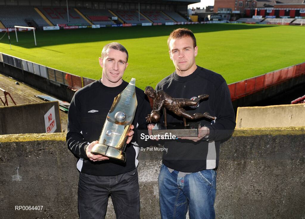 25 November 2008; Bohemians' Owen Heary and goalkeeper Brian Murphy, right, at a photocall to announce the nominees for the eircom / Soccer Writers Association of Ireland (SWAI) Personality of the Year Award. Dalymount Park, Dublin. Picture credit: Pat Murphy / SPORTSFILE