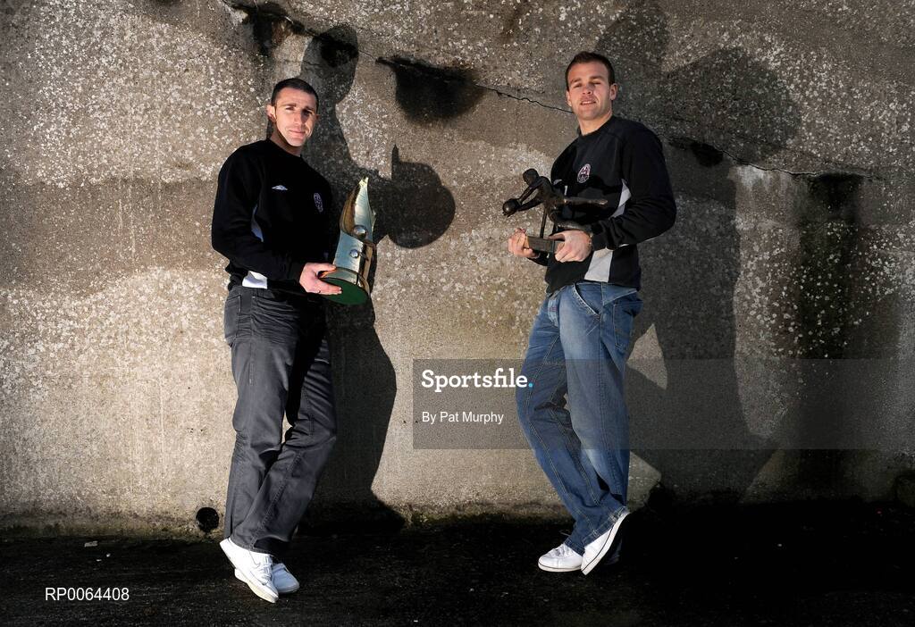 25 November 2008; Bohemians' Owen Heary and goalkeeper Brian Murphy, right, at a photocall to announce the nominees for the eircom / Soccer Writers Association of Ireland (SWAI) Personality of the Year Award. Dalymount Park, Dublin. Picture credit: Pat Murphy / SPORTSFILE