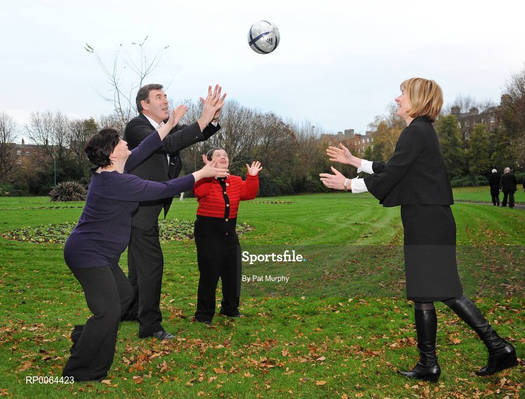 25 November 2008; Special Olympics Europe is urgently seeking funding from the European Commission in order to continue its sports and support programmes for people with intellectual disabilities and their families. Mary Davis, Managing Director of Special Olympics Europe / Eurasia, with Special Olympics athletes Ann Hickey, right, and Anita O'Connor, both from Carlow, along with Packie Bonner at a photo-call in Merrion Square, Dublin. Picture credit: Pat Murphy / SPORTSFILE
