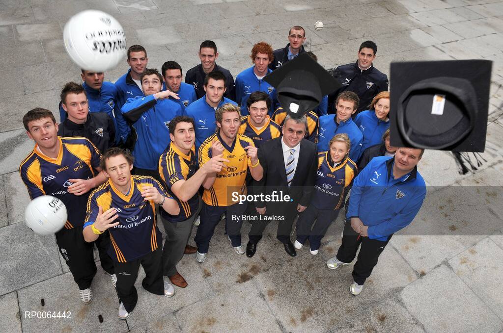 26 November 2008; Bank of Ireland announced that it has signed an agreement to become the new official sponsor of the DCU GAA Academy. The five-year deal commences immediately and will see the Bank of Ireland brand arrive on players and grounds in the coming weeks. The DCU GAA Academy was established in 2006 to provide elite level Gaelic footballers and hurlers with the opportunity to develop their sporting and academic careers in a supportive environment. At the announcement is Declan Brennan, Director of the DCU GAA Academy, front right, and Gabriel Bannigan, Director Retail Strategy & Marketing at Bank of Ireland, third from right, with members of the DCU GAA Academy. Bank of Ireland Head Office, Dublin. Picture credit: Brian Lawless / SPORTSFILE