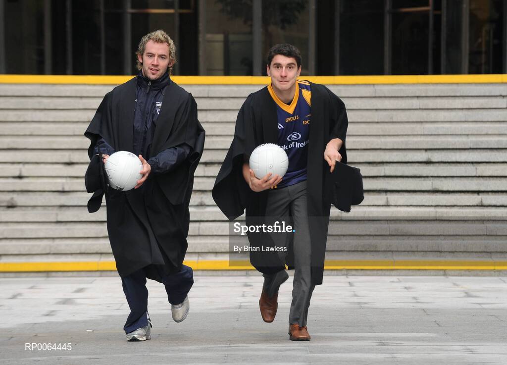 26 November 2008; Bank of Ireland announced that it has signed an agreement to become the new official sponsor of the DCU GAA Academy. The five-year deal commences immediately and will see the Bank of Ireland brand arrive on players and grounds in the coming weeks The DCU GAA Academy was established in 2006 to provide elite level Gaelic footballers and hurlers with the opportunity to develop their sporting and academic careers in a supportive environment. At the announcement are DCU GAA Academy stars Mayo's Conor Mortimer, left, and Dublin's Bernard Brogan. Bank of Ireland Head Office, Dublin. Picture credit: Brian Lawless / SPORTSFILE