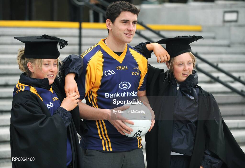 26 November 2008; Bank of Ireland announced that it has signed an agreement to become the new official sponsor of the DCU GAA Academy. The five-year deal commences immediately and will see the Bank of Ireland brand arrive on players and grounds in the coming weeks The DCU GAA Academy was established in 2006 to provide elite level Gaelic footballers and hurlers with the opportunity to develop their sporting and academic careers in a supportive environment. At the announcement are Dublin footballer Bernard Brogan with Monaghan ladies footballers Aoife, left, and Ciara McAnespie . Bank of Ireland Head Office, Dublin. Picture credit: Stephen McCarthy / SPORTSFILE