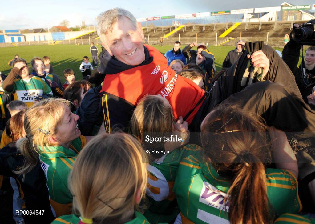 29 November 2008; Kilmihil manager Thomas McMahon is lifted high by the team after winning their match against Knockmore. VHI Healthcare All-Ireland Ladies Junior Club Football Championship Final, Kilmihil, Clare, v Knockmore, Mayo. Tuam Stadium, Tuam, Co. Galway. Picture credit: Ray Ryan / SPORTSFILE