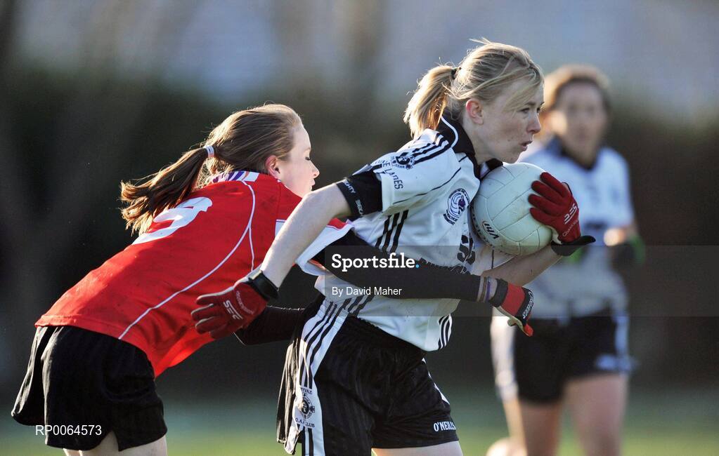 30 November 2008; Brenda McNally, right, Emyvale, in action against Leanne Ni Chearnaigh, Ballingeary Inchigeela. VHI Healthcare All-Ireland Ladies Intermediate Club Football Championship Final, Emyvale, Monaghan, v Ballingeary Inchigeela, Cork, St Rynagh's, Banagher, Co. Offaly. Picture credit: David Maher / SPORTSFILE