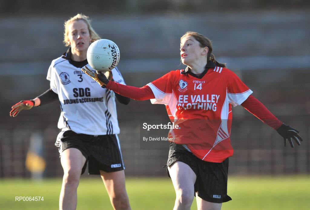 30 November 2008; Lisa Ni Shuibhne, Ballingeary Inchigeela, in action against Ann O'Brien, Emyvale. VHI Healthcare All-Ireland Ladies Intermediate Club Football Championship Final, Emyvale, Monaghan, v Ballingeary Inchigeela, Cork, St Rynagh's, Banagher, Co. Offaly. Picture credit: David Maher / SPORTSFILE