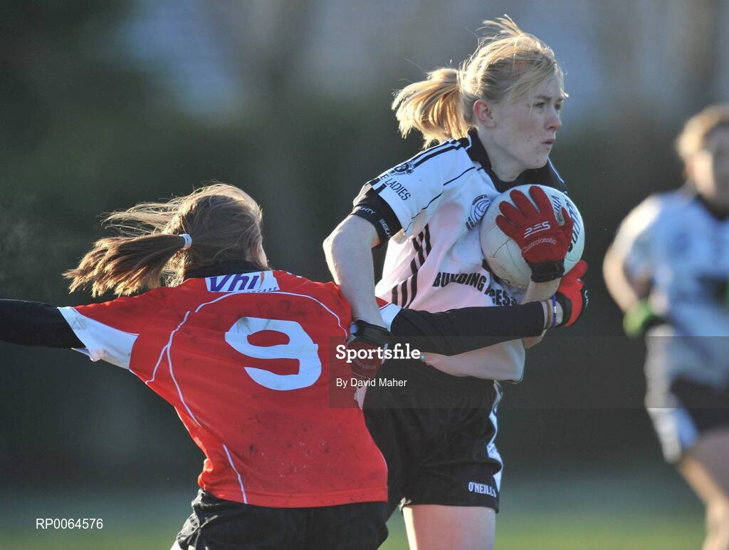 30 November 2008; Brenda McNally, right, Emyvale, in action against Leanne N iChearnaigh, Ballingeary Inchigeela. VHI Healthcare All-Ireland Ladies Intermediate Club Football Championship Final, Emyvale, Monaghan, v Ballingeary Inchigeela, Cork, St Rynagh's, Banagher, Co. Offaly. Picture credit: David Maher / SPORTSFILE