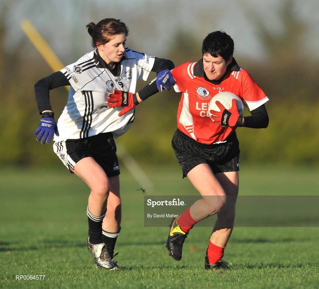 30 November 2008; Deirdre Ui Chroinin, Ballingeary Inchigeela, in action against Lisa Sherry, Emyvale. VHI Healthcare All-Ireland Ladies Intermediate Club Football Championship Final, Emyvale, Monaghan, v Ballingeary Inchigeela, Cork, St Rynagh's, Banagher, Co. Offaly. Picture credit: David Maher / SPORTSFILE