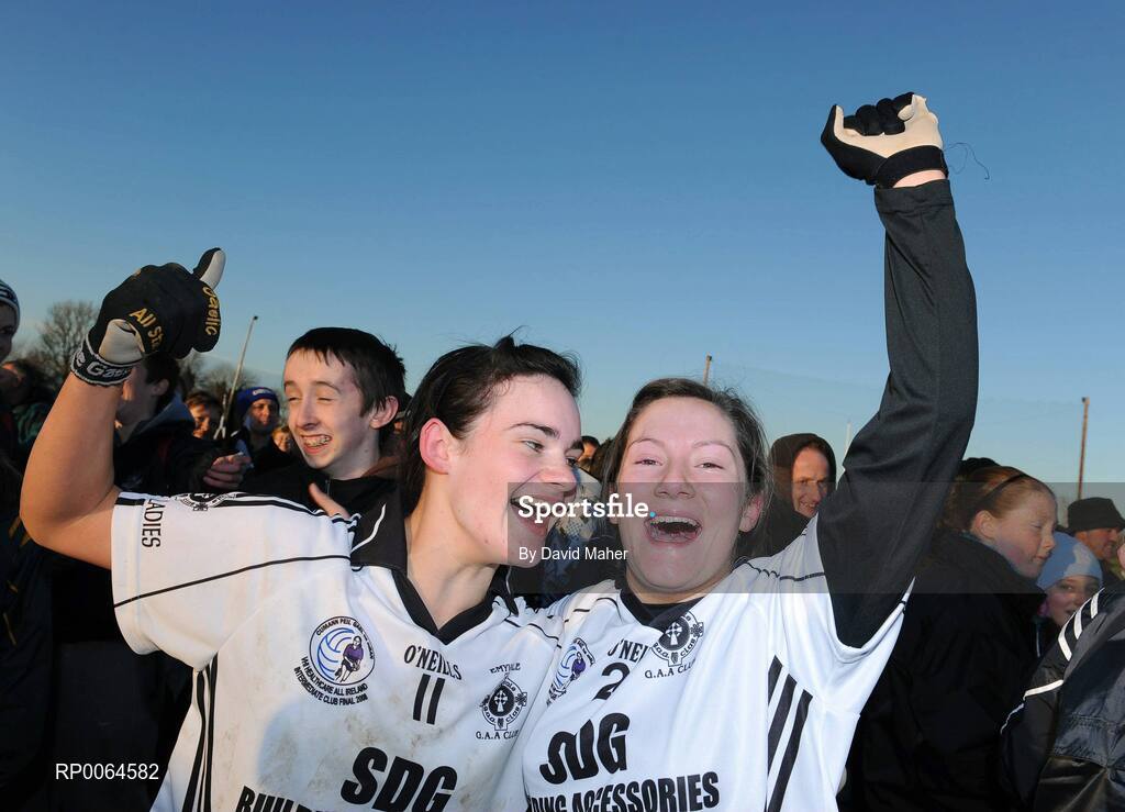 30 November 2008; Emyvale players, Melanie Colleran, left, and Carol Flood, celebrate at the end of the game. VHI Healthcare All-Ireland Ladies Intermediate Club Football Championship Final, Emyvale, Monaghan, v Ballingeary Inchigeela, Cork, St Rynagh's, Banagher, Co. Offaly. Picture credit: David Maher / SPORTSFILE