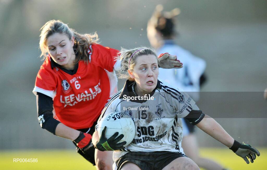 30 November 2008; Ciara McAnespie, Emyvale, in action against Carmel Ni Charthaigh, Ballingeary Inchigeela. VHI Healthcare All-Ireland Ladies Intermediate Club Football Championship Final, Emyvale, Monaghan, v Ballingeary Inchigeela, Cork, St Rynagh's, Banagher, Co. Offaly. Picture credit: David Maher / SPORTSFILE