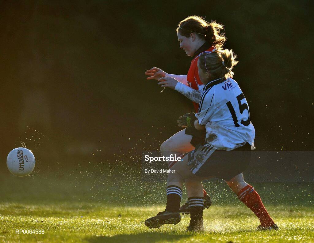 30 November 2008; Ciara McAnespie, Emyvale, in action against Ciara Ni Riordain, Ballingeary Inchigeela. VHI Healthcare All-Ireland Ladies Intermediate Club Football Championship Final, Emyvale, Monaghan, v Ballingeary Inchigeela, Cork, St Rynagh's, Banagher, Co. Offaly. Picture credit: David Maher / SPORTSFILE
