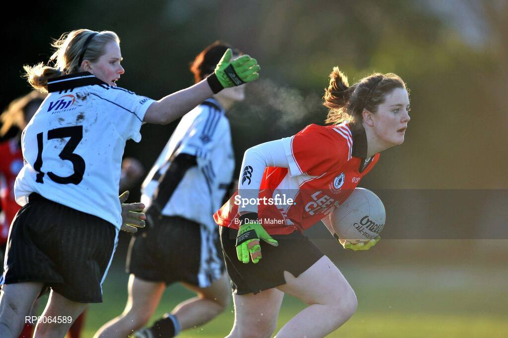 30 November 2008; Rachel Ni Mhuineachain, Ballingeary Inchigeela, in action against Aisling McKenna, Emyvale. VHI Healthcare All-Ireland Ladies Intermediate Club Football Championship Final, Emyvale, Monaghan, v Ballingeary Inchigeela, Cork, St Rynagh's, Banagher, Co. Offaly. Picture credit: David Maher / SPORTSFILE