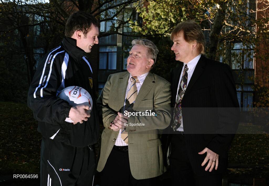 1 December 2008; Conan Byrne, left, Sporting Fingal, Liam Farrell, President of the North Dublin Schoolboy League and Liam Buckley, right, manager Sporting Fingal at the launch of Sporting Fingal's Third-Level Scholarship scheme. Clarion Hotel, Dublin. Photo by Sportsfile