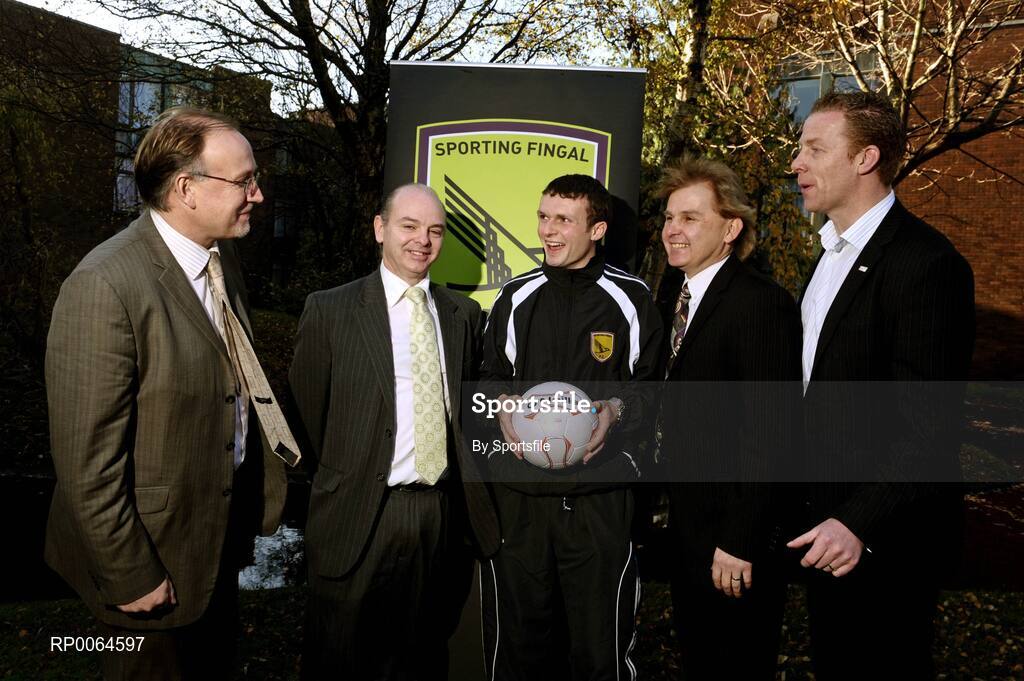 1 December 2008; At the launch of Sporting Fingal's Third-Level Scholarship scheme were, from left, Fran Gavin, Director Eircom League of Ireland, John O'Brien, Secetary Sporting Fingal, Conan Byrne, Sporting Fingal, Liam Buckley, manager Sporting Fingal and Stephen McGuinness, Chairman PFAI. Clarion Hotel, Dublin. Photo by Sportsfile