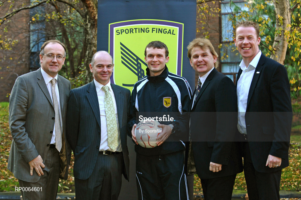 1 December 2008; At the launch of Sporting Fingal's Third-Level Scholarship scheme were, from left, Fran Gavin, Director Eircom League of Ireland, John O'Brien, Secetary Sporting Fingal, Conan Byrne, Sporting Fingal, Liam Buckley, manager Sporting Fingal and Stephen McGuinness, Chairman PFAI. Clarion Hotel, Dublin. Photo by Sportsfile